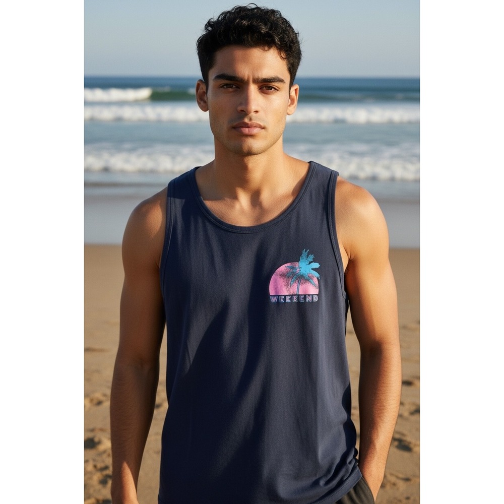 New Chubbies Graphic Tank Top Mens S Small Navy Blue‎ The Palm Wave & Sunset